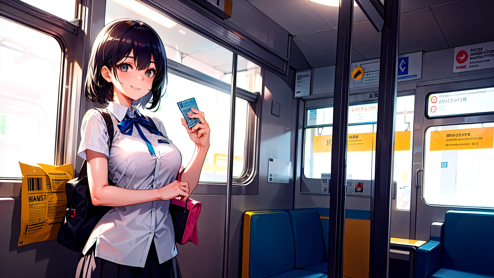 One girl、super quality、A black-haired high school girl smiling as she passes through the train ticket barrier、smile、Nice body、the skirt is short,、Ultra HD、amazing