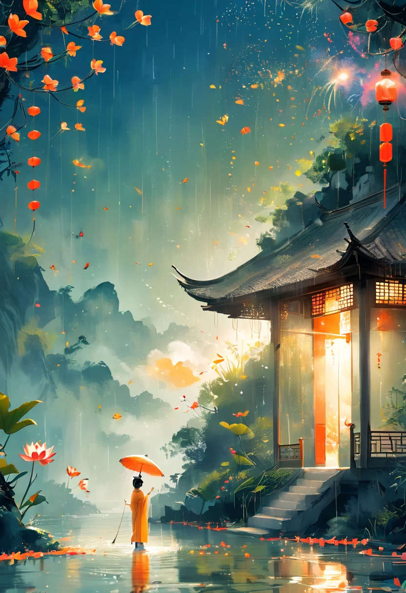 1girl, Flat illustration style, showing the characteristics of beach New Year pictures. Pattern shuttle, lotus stand. The door god, the fairy gathered, the image is bright. Rich colors, exquisite details. Flashing light and shadow, expressing struggle and hope, 1cgrssh1