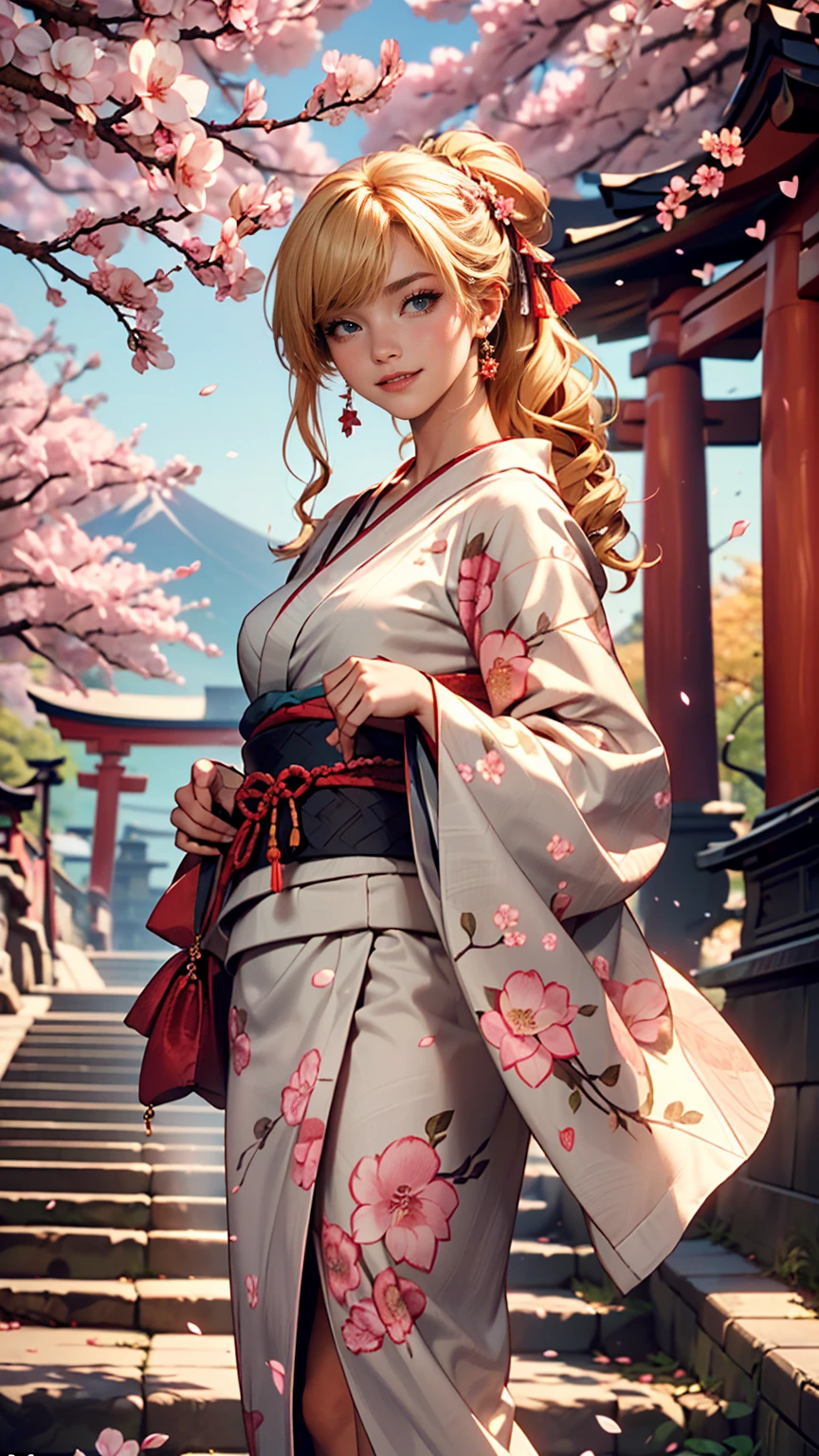 (((masterpiece: 1,5, highest quality, High resolution, Super Resolution, Super detailed: 1,2, Rich background: 1,4))), (close), (One girl), alone, Green Eyes, blonde long hair tied with blue ribbon, hair ornaments, Blunt bangs, smile, high school girl, Mid-chest, ((null中に手を上げる)), kimono, (Blue short-patterned kimono), Sandals, ribbon, heart, ((Outdoor)), Cherry Blossom, (torii), Stone stairs, null (afternoon), Cherry Blossoms fall, ((Dramatic Light: 1,3)), cloudy, (Mt.Fuji scenery)