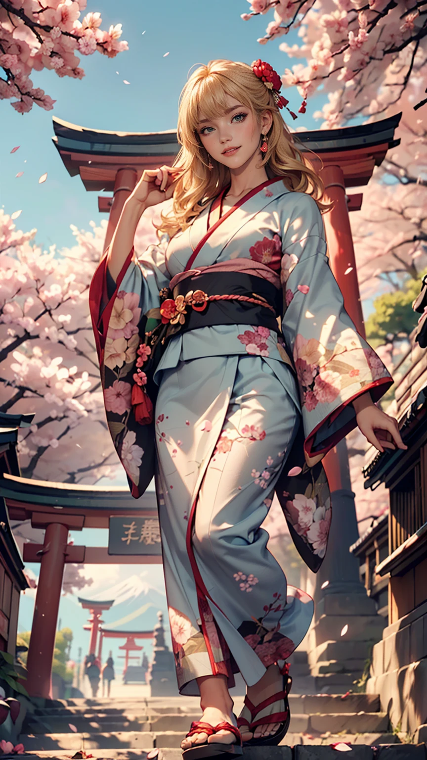 (((masterpiece: 1,5, highest quality, High resolution, Super Resolution, Super detailed: 1,2, Rich background: 1,4))), (close), (One girl), alone, Green Eyes, blonde long hair tied with blue ribbon, hair ornaments, Blunt bangs, smile, high school girl, Mid-chest, ((null中に手を上げる)), kimono, (Blue short-patterned kimono), Sandals, ribbon, heart, ((Outdoor)), Cherry Blossom, (torii), Stone stairs, null (afternoon), Cherry Blossoms fall, ((Dramatic Light: 1,3)), cloudy, (Mt.Fuji scenery)