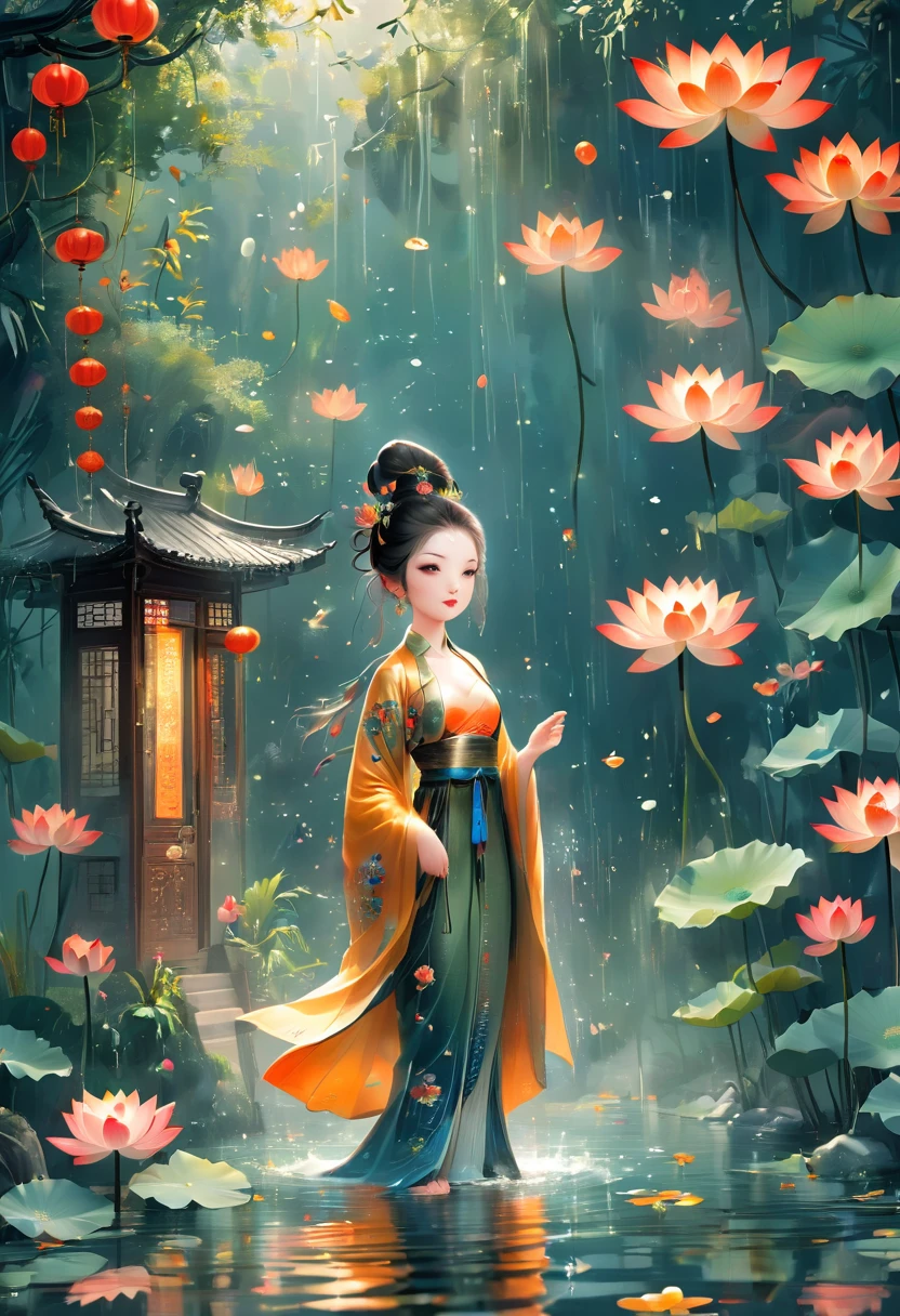 1girl, Flat illustration style, showing the characteristics of beach New Year pictures. Pattern shuttle, lotus stand. The door god, the fairy gathered, the image is bright. Rich colors, exquisite details. Flashing light and shadow, expressing struggle and hope, 1cgrssh1