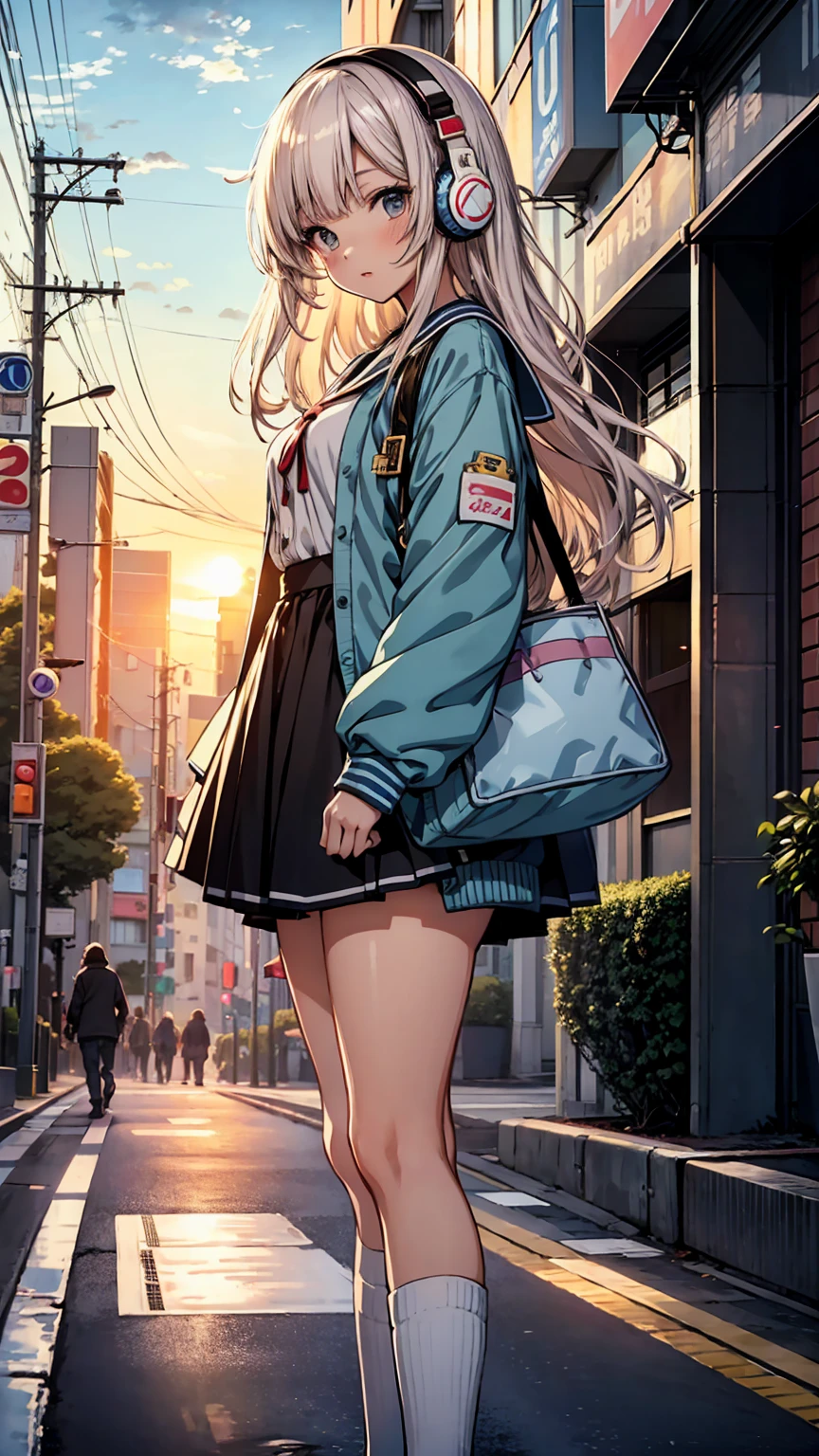 masterpiece, highest quality, Movie stills, One Woman, Cloud Girl,Wearing headphones:1.5、Tokyo, Walking while listening to music, bright, Happy, Warm and soft lighting, sunset, (spark:0.7)、City Popスタイル1.0、アニメの女の子 with headphones walking down the street in a , Beautiful Mature , Sailor suit、uniform、Beautiful girl model,expensive,Manga illustration, Illustrated ,, Young Anime Girl, Shibuya Ward Building District、Blurred Background、City Pop、whole body、Cowboy Shot、nostalgia、manga cover、Enlarge the subject、mini skirt、Knee-high socks、Old headphones 1.1、Long legs