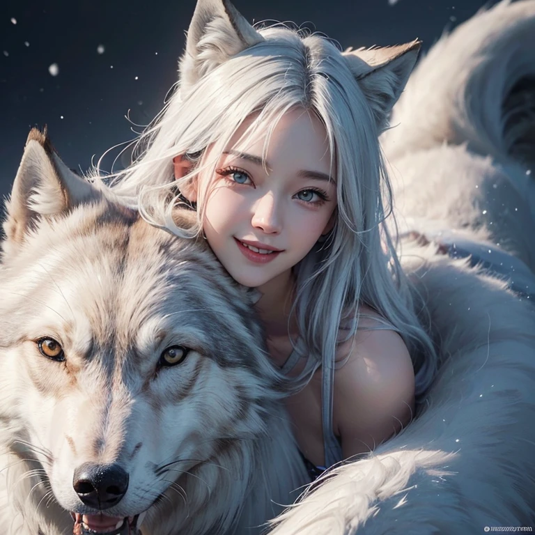 snowing mountain、white wolf、 ((highest quality、masterpiece、8k、best image quality、ultra high resolution、Award-winning work)、(accurate anatomy:1.1)、(look at me and smile:1.1)、Shining fair skin with ultra high resolution、most detailed face、ultra high resolution detailed face、white short hair flowing 、snowy wathear :1.1)、 viking fur clothing, modest breast, real wolf beside the girl 