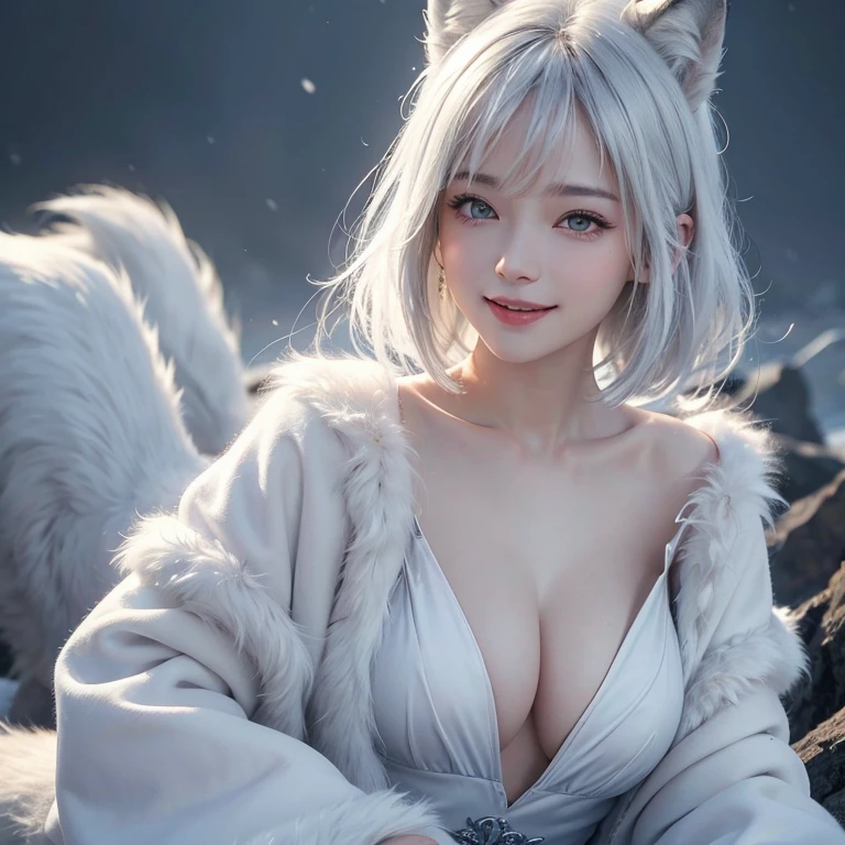 snowing mountain、white wolf、 ((highest quality、masterpiece、8k、best image quality、ultra high resolution、Award-winning work)、(accurate anatomy:1.1)、(look at me and smile:1.1)、Shining fair skin with ultra high resolution、most detailed face、ultra high resolution detailed face、white short hair flowing 、Beautiful face drawn in every detail、(blurred background:1.1)、 Inuit fur clothing, chest together, real wolf beside the girl