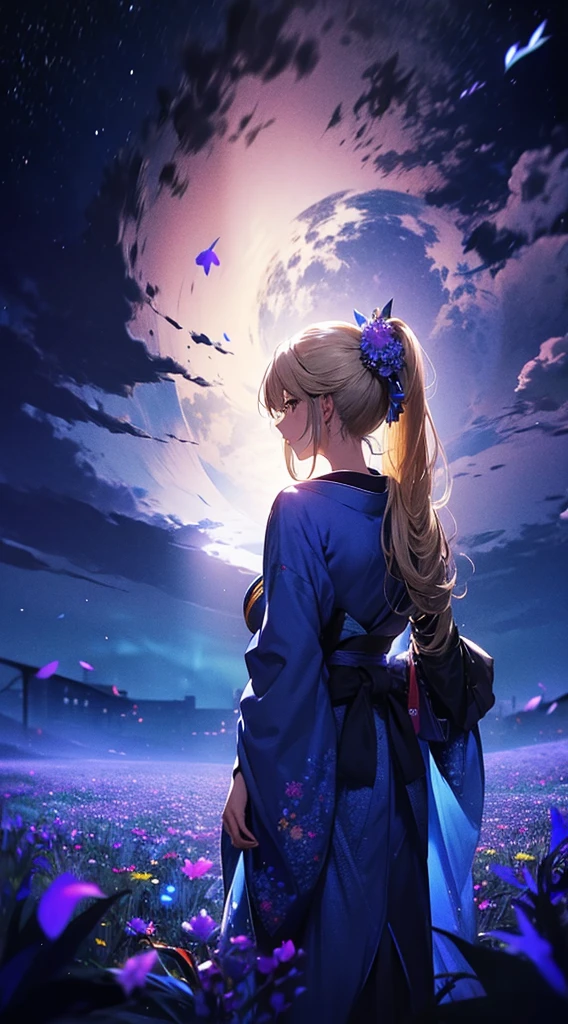 １people々々,Blonde long-haired woman，Blue kimono， Dress Silhouette， Rear View，Space Sky, Flower Field，Colorful flowers，Fluttering petals，