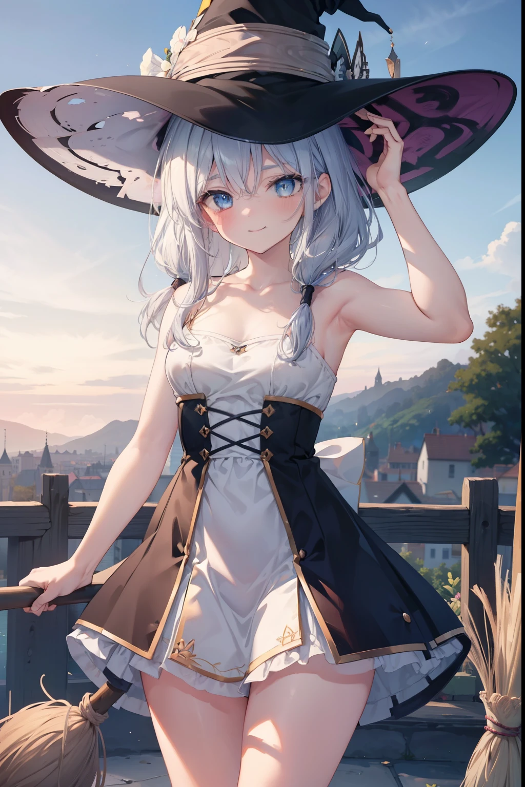 Elaina 、Braided long hair,,blush,smile,Captivating thighs、Beautiful bare legs, Sideways armpit、Shoulder Bare、The clavicle is visible、Armpit Show、Armpits are visible、Shoulder Bare、Witch costume、Witch Hat、Fly in the sky with a broom
(masterpiece:1.2), highest quality, High resolution, unity 8k wallpaper, (shape:0.8), (Beautiful and beautiful eyes:1.6), Highly detailed face, Perfect lighting, Highly detailed CG, (Perfect hands, Perfect Anatomy),