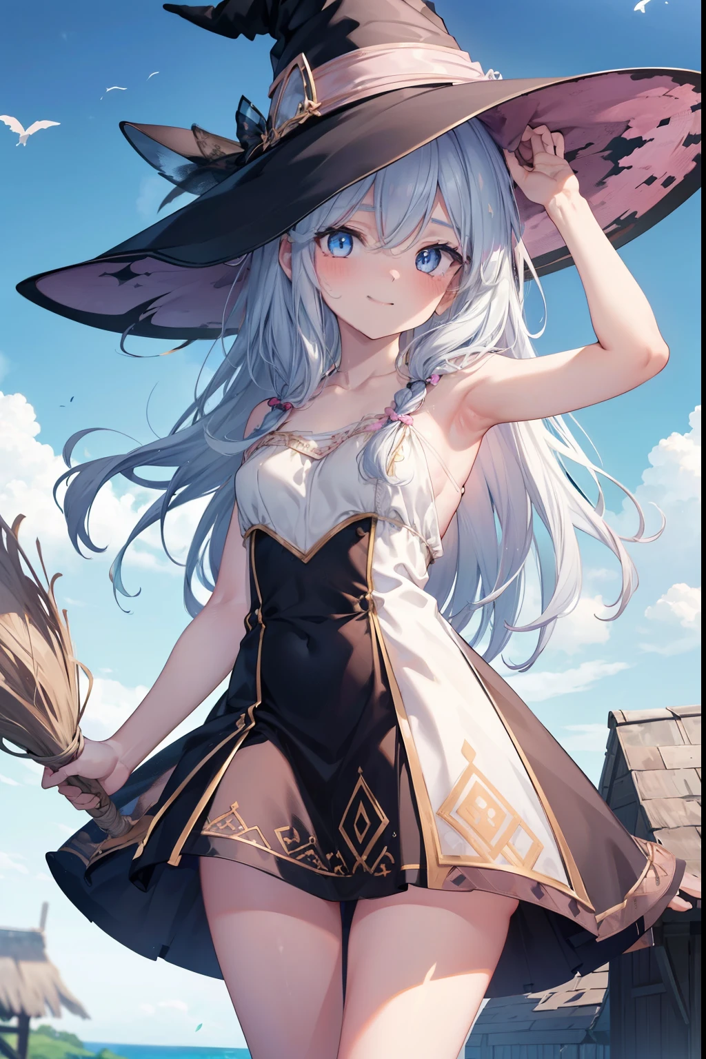 Elaina 、Braided long hair,,blush,smile,Captivating thighs、Beautiful bare legs, Shoulder Bare、The clavicle is visible、Witch costume、Witch Hat、Fly in the sky with a broom
(masterpiece:1.2), highest quality, High resolution, unity 8k wallpaper, (shape:0.8), (Beautiful and beautiful eyes:1.6), Highly detailed face, Perfect lighting, Highly detailed CG, (Perfect hands, Perfect Anatomy),