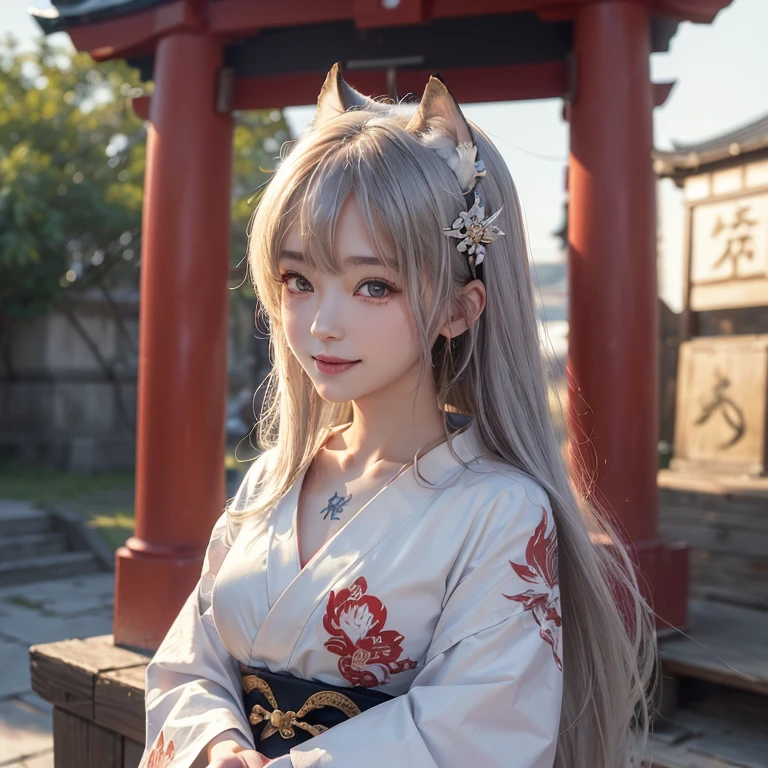 Hide in the ancient shrine、Hair flows、 ((highest quality、masterpiece、8k、best image quality、ultra high resolution、Award-winning work)、(accurate anatomy:1.1)、(look at me and smile:1.1)、Shining fair skin with ultra high resolution、most detailed face、ultra high resolution detailed face、ultra high resolutionの髪の毛、(ultra high resolutionの煌めく瞳:1.1)、Beautiful face drawn in every detail、(blurred background:1.1)、ancient shrine maiden clothes, chest together, tattoo、white fox aside