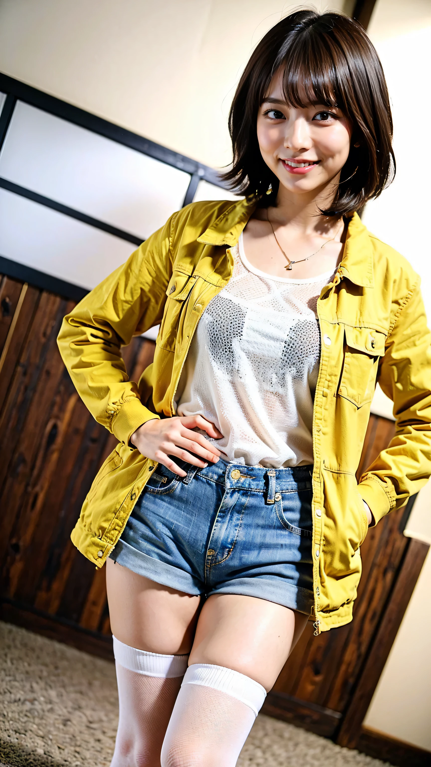 (8k、RAW Photos、highest quality、masterpiece:1.2)、(Realistic、Realistic)、1 girl、((Jacket、smile、Medium Hair、Shorts、Knee socks、See-through、Large Breasts、View from the front、Spotlight、Standing with hands on hips))、Lots of eyelashes、Glowing eyelids、skeletally correct