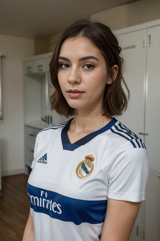 a woman, 25 year old, delicate, sexy, cheveux de longueur moyenne, cheveux bruns, skin details, pores de la peau, éclairé par les flashs des photographes, posing, photoshoot, strong light, soccer wear, real madrid jersey, in a locker room