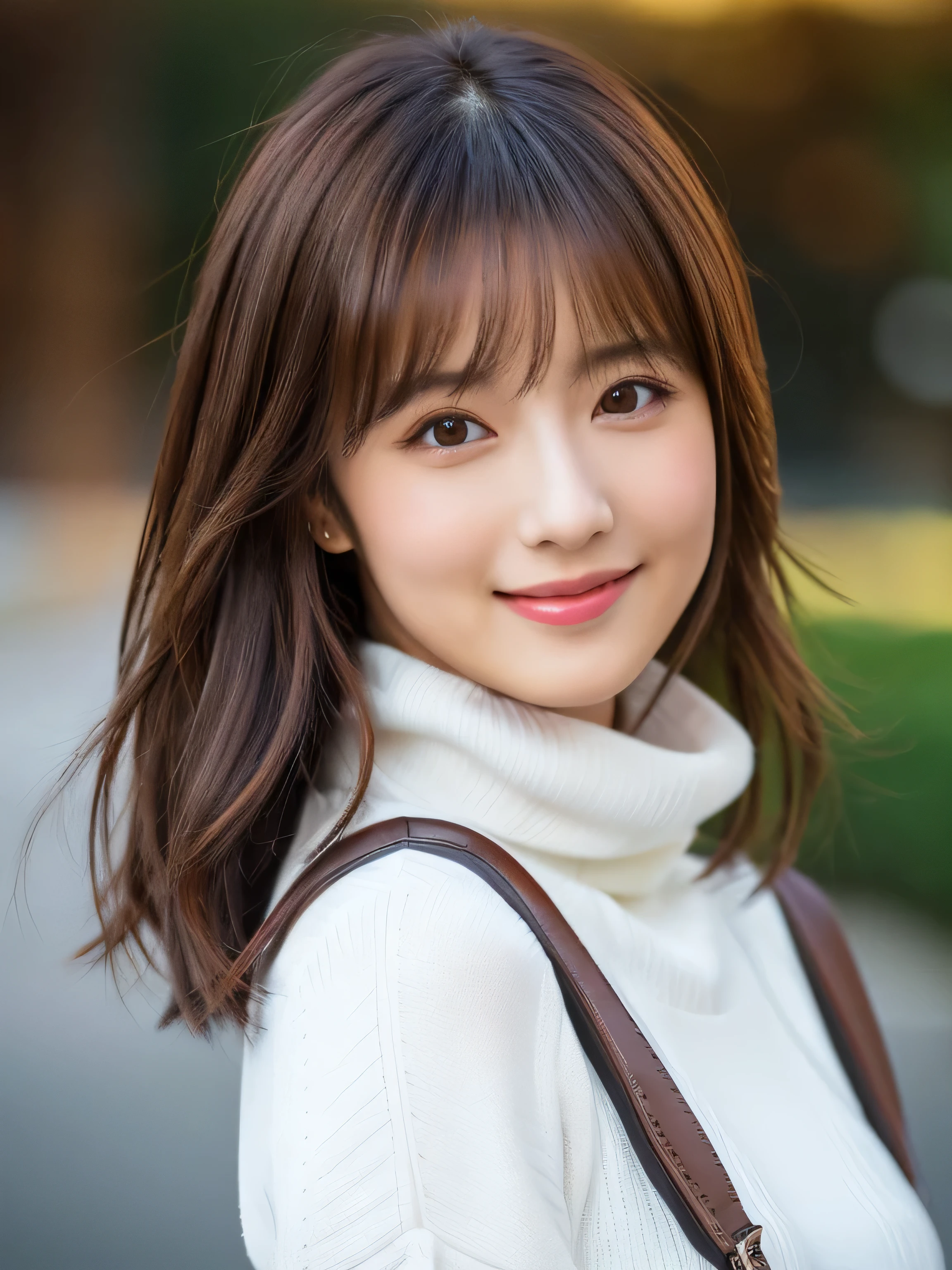 (masterpiece, highest quality:1.3), (Ultra-detailed 8K:1.2), (hyperrealistic:1.35),(Raw photo:1.2),highest quality, High resolution, wallpaper, realistic BREAK product quality, 1 girl, (full shot:1.5), front view, a Japanese beautiful girl, long bob hair,smile, wearing a white turtleneck sweater, carrying a shoulder bag over her shoulder, hyper cute face, glossy lips, natural makeup, shiny smooth light brown hair of long bob hair, asymmetrical bangs, detailed hairstyle, detailed face, cinematic lighting, octane rendering,perfect limbs, perfect anatomy