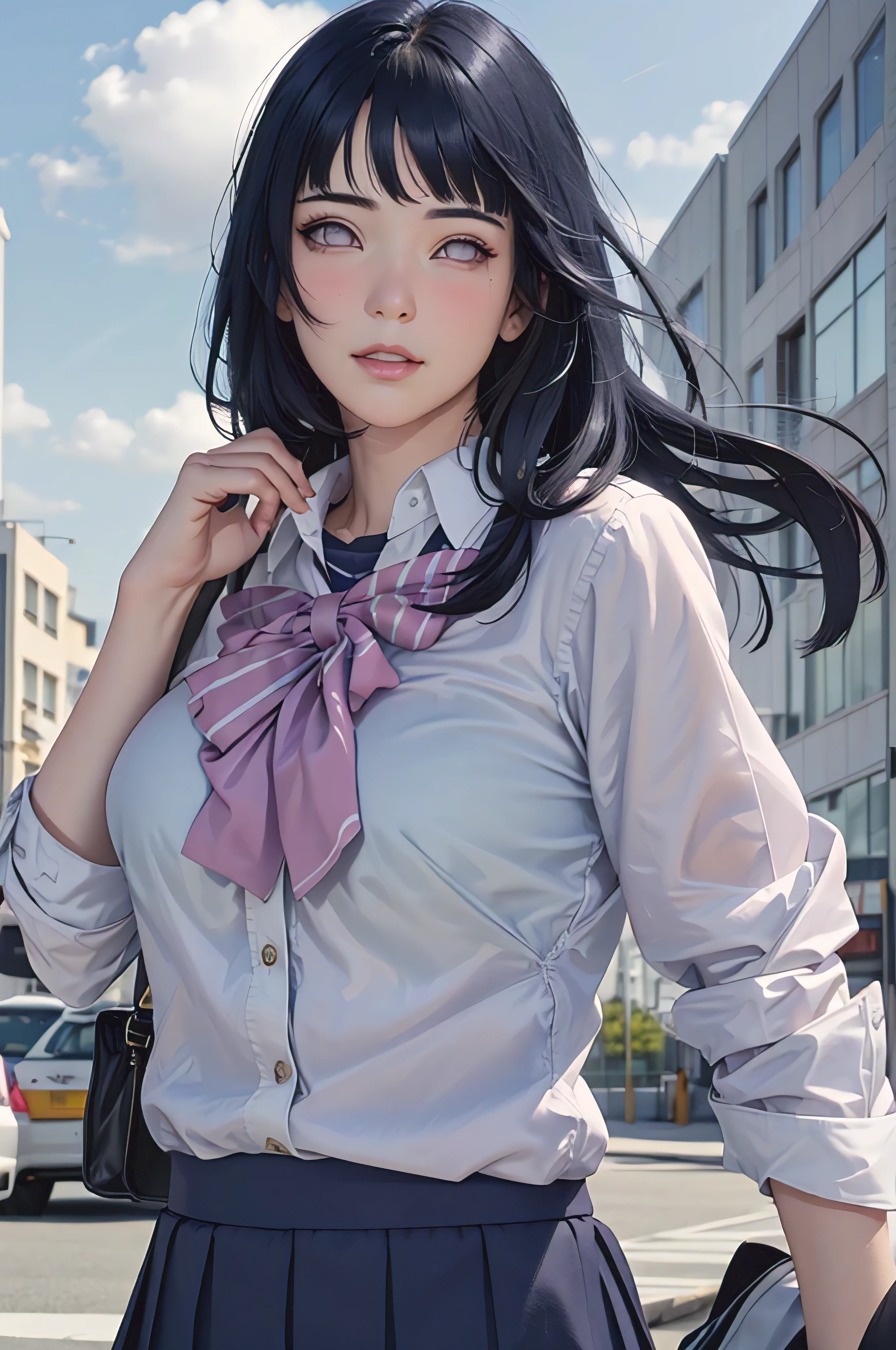 masterpiece, hinata\(boruto\), 1girl, solo, young female, ((((high school uniform)))), (high School), outdoors, looking at viewer, cloudy sky, perfect composition, detailed lips, school building, big breast, beautiful face, body propotion, blush, (pink lips), ((long hair)), purple eyes, soft gaze, sad smile, super realistic, detailed, photoshoot, realistic face and body, realistic pony tail hair, realistic eyes, realistic nose, realistic lips, (((dark blue hair))), 25 years old girl, flowing skirt