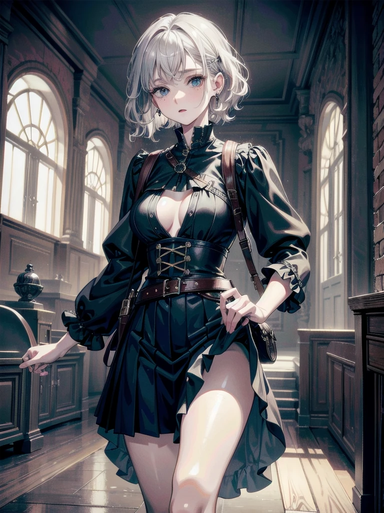 absurdres, RAW photo, extremely delicate and beautiful, masterpiece, Best Quality, ultra high resolution, 32k, hyperrealistic, ultra-detailed, detailed description, pale skin, 20 years old, tearful mole, earring, Colossal , short medium hair, wavy hair, Practical pirate clothing, Long-sleeved pirate top, Skirt,