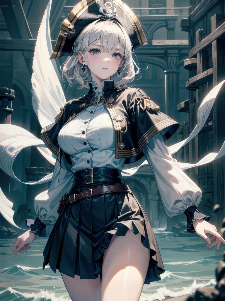 absurdres, RAW photo, extremely delicate and beautiful, masterpiece, Best Quality, ultra high resolution, 32k, hyperrealistic, ultra-detailed, detailed description, pale skin, 20 years old, tearful mole, earring, Colossal tits, short medium hair, wavy hair, Practical pirate clothing, Long-sleeved pirate top, Skirt,