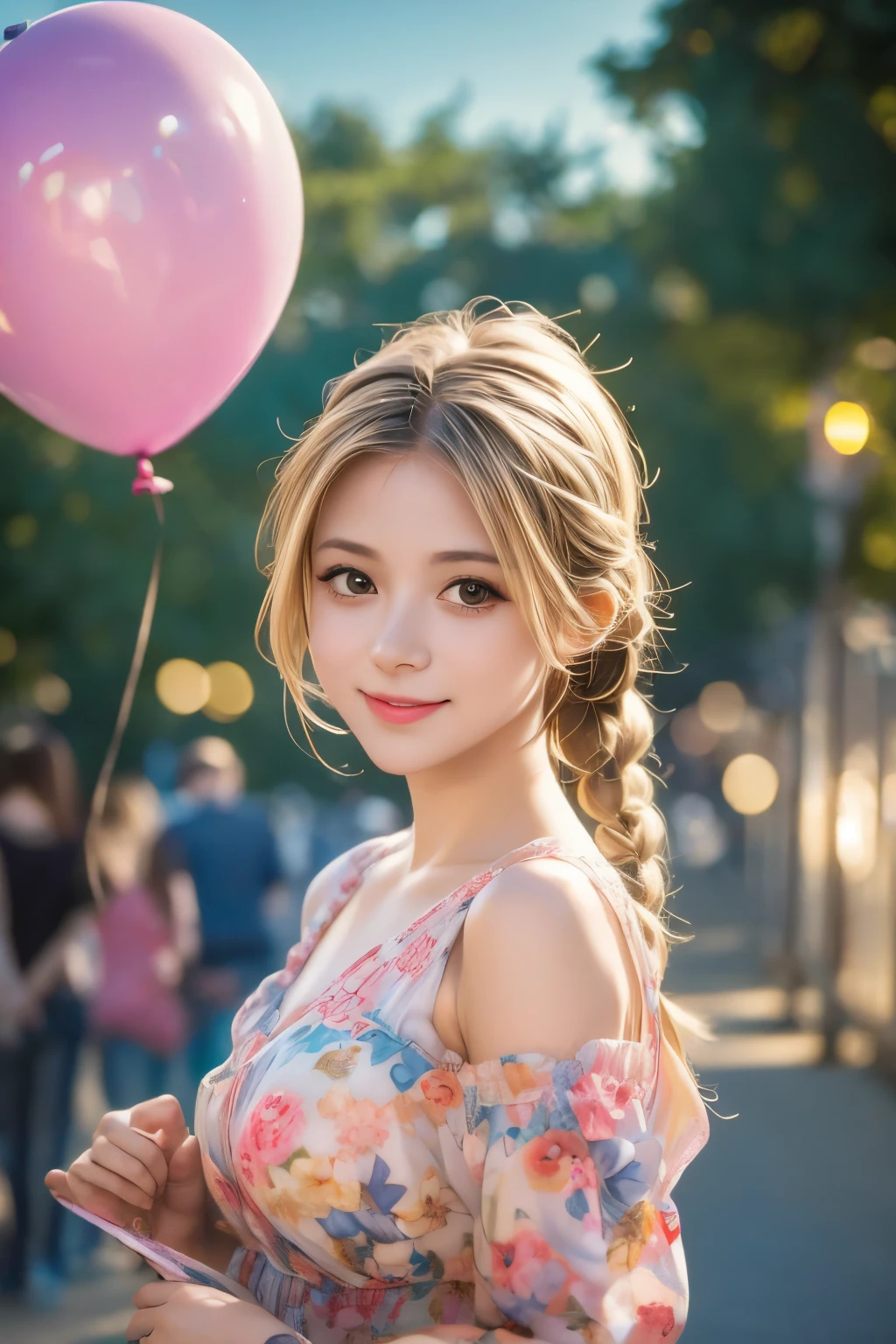 A girl with a zoo, many balloons, happy, happy, perfect quality, clear focus (clutter-home: 0.8), (masterpiece: 1.2) (Realistic: 1.2) (Bokeh) (Best quality) (Detailed skin: 1.3) (Intricate details) (8K) (Detail eyes) (Sharp focus), (Happy)