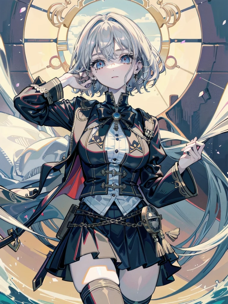 absurdres, RAW photo, extremely delicate and beautiful, masterpiece, Best Quality, ultra high resolution, 32k, hyperrealistic, ultra-detailed, detailed description, pale skin, 20 years old, tearful mole, earring, Colossal tits, short medium hair, wavy hair, Practical pirate clothing, Long-sleeved pirate top, Skirt,