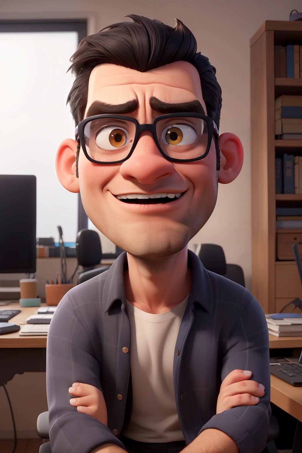 angry man journalist, shaved black hair, des lunettes, gros nez, assis a un bureau