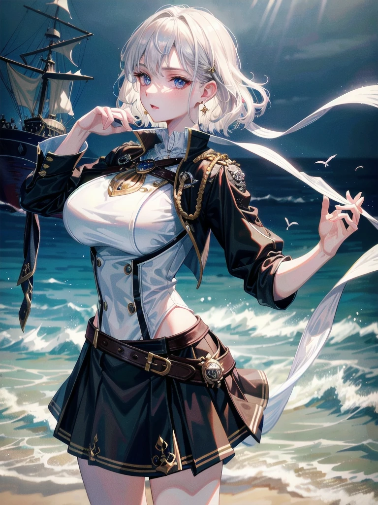 absurdres, RAW photo, extremely delicate and beautiful, masterpiece, Best Quality, ultra high resolution, 32k, hyperrealistic, ultra-detailed, detailed description, pale skin, 20 years old, tearful mole, earring, Colossal tits, short medium hair, wavy hair, Practical pirate clothing, Long-sleeved pirate top, Skirt,