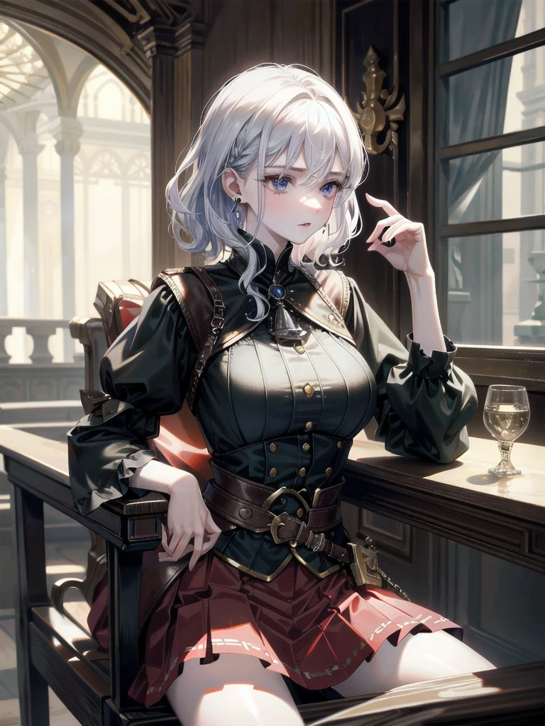 absurdres, RAW photo, extremely delicate and beautiful, masterpiece, Best Quality, ultra high resolution, 32k, hyperrealistic, ultra-detailed, detailed description, pale skin, 20 years old, tearful mole, earring, Colossal tits, short medium hair, wavy hair, Practical pirate clothing, Long-sleeved pirate top, Skirt,