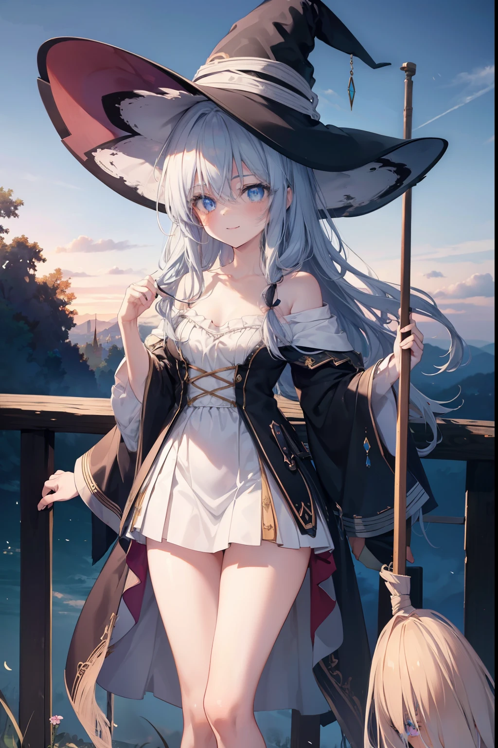 Elaina 、Braided long hair,,blush,smile,Captivating thighs、Beautiful bare legs, Shoulder Bare、The clavicle is visible、Witch costume、Witch Hat、Fly in the sky with a broom
（masterpiece:1.2), highest quality, High resolution, unity 8k wallpaper, (shape:0.8), (Beautiful and beautiful eyes:1.6), Highly detailed face, Perfect lighting, Highly detailed CG, (Perfect hands, Perfect Anatomy),