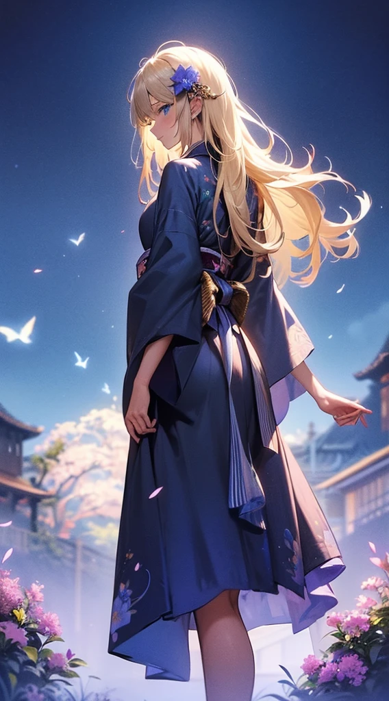 １people々々,Blonde long-haired woman，Blue kimono， Dress Silhouette， Rear View，Space Sky, Flower Field，Colorful flowers，Fluttering petals，