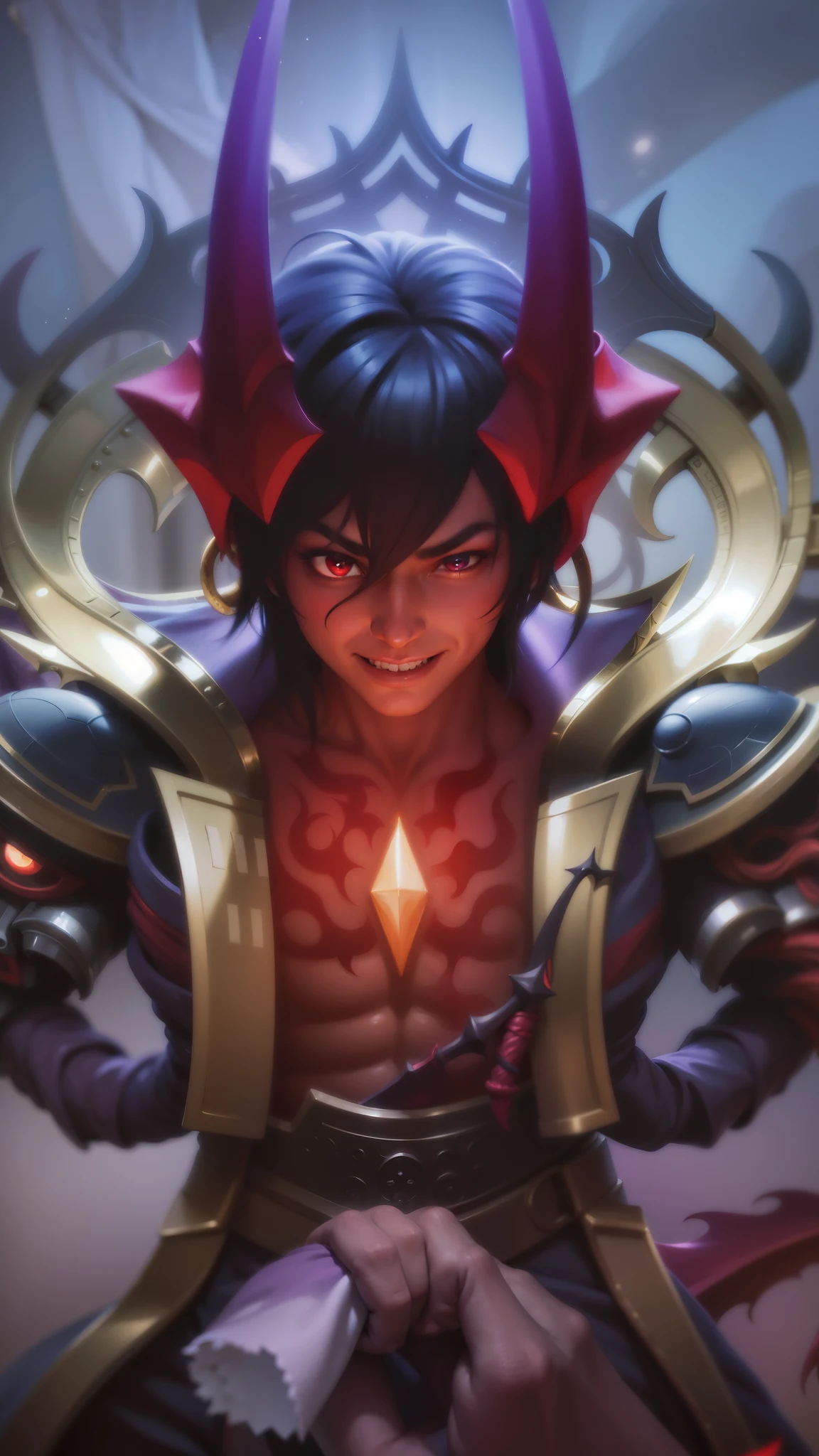 boy with purple hair and red shirt holding a purple ball, Masterpiece, ultra HD, detailed all picture, a close up of a devil, dyrroth from mobile legend, evil, extremely detailed artgerm, mobile legends character, inspired by Dyrroth, Six pack chest and abs, black jewel above the chest, red eyes, glare.