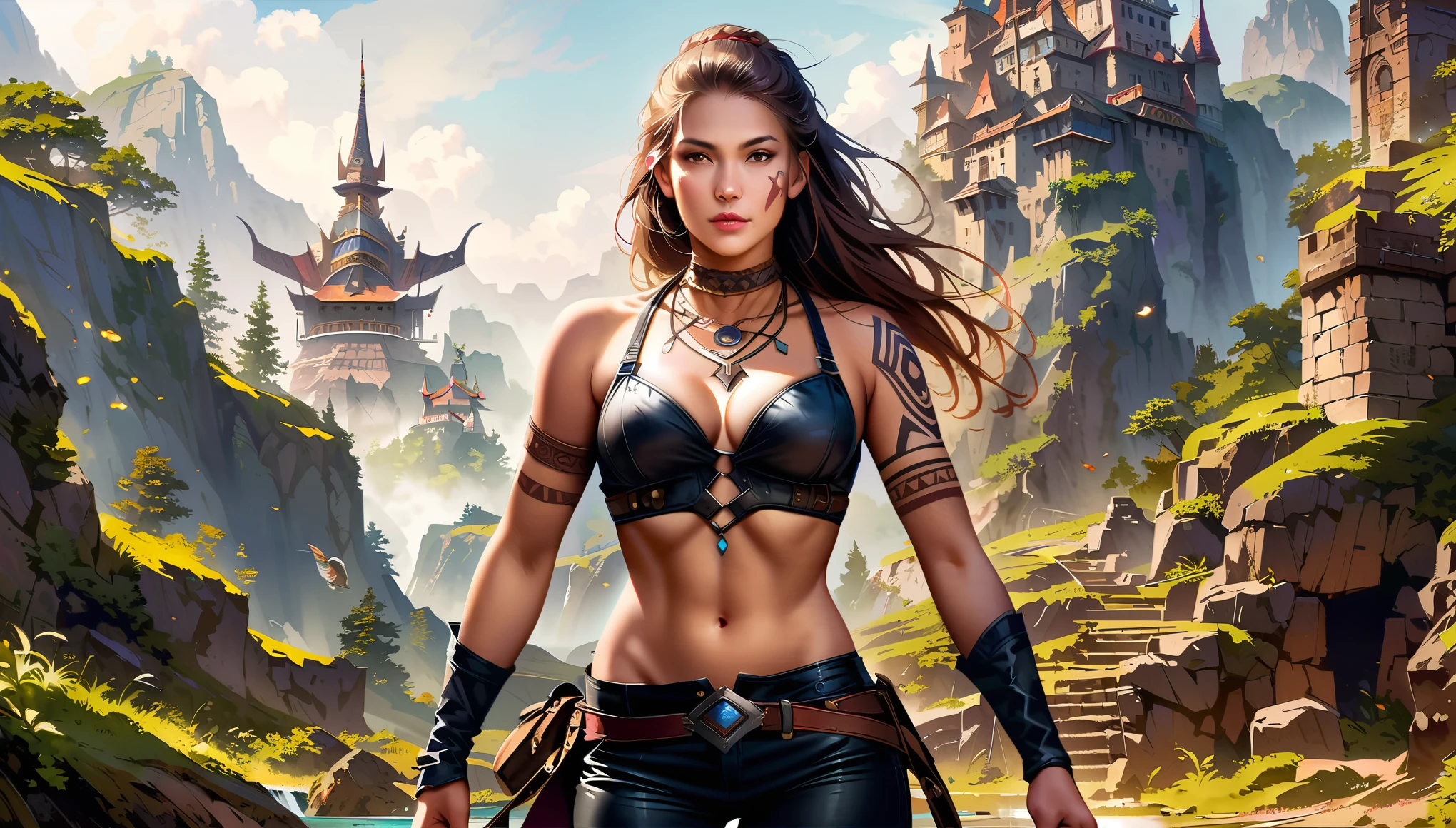 dark fantasy, (realistic, photo-realistic:1.37), (cowboy shot:1.4), (ohwx woman), Olivia Wild with tribal tattoos on face and neck, fantasy world, tribal patterns on the tattoos, wearing fantasy bra and leather tight trousers, immersive fantasy background, mysterious animal next to her, 