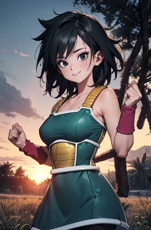 masterpiece, best quality, gine, saiyan armor, collarbone, green skirt, wristband, black pantyhose, upper body, smile, looking at viewer, field, trees, sunset sky, 1 girl, solo