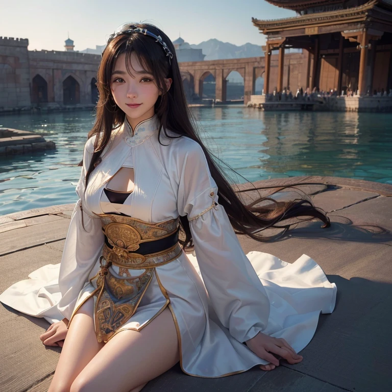 a woman in a white dress sitting on the water with a full moon in the background, a beautiful fantasy empress, by Yang J, beautiful maiden, ethereal beauty, ((a beautiful fantasy empress)), goddess of the moon, full body xianxia, anime goddess, moon goddess, white hanfu, beautiful goddess, guweiz, beautiful fantasy maiden, flowing magical robe