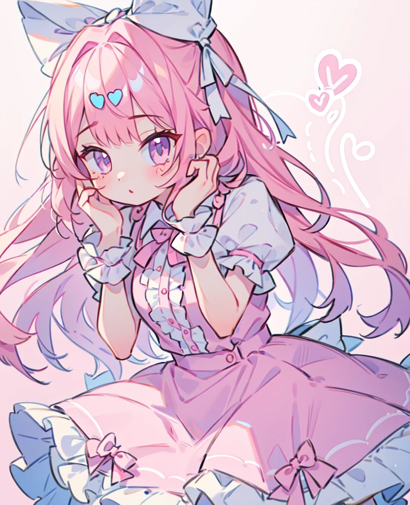 1 girl, Pink Hair, Double tail, Pink shirt, Fluffy collar, skirt,  heart and your hands, White ribbon on hair, Lots of hair accessories, lolita whore