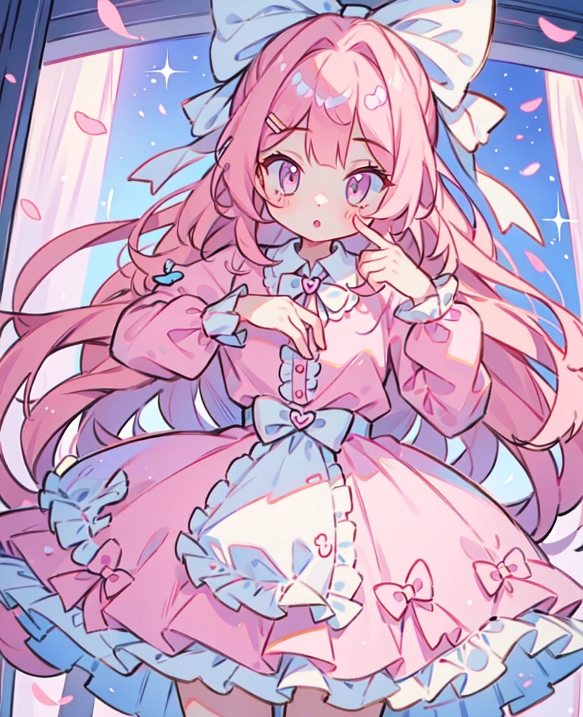 1 girl, Pink Hair, Double tail, Pink shirt, Fluffy collar, skirt,  heart and your hands, White ribbon on hair, Lots of hair accessories, lolita whore