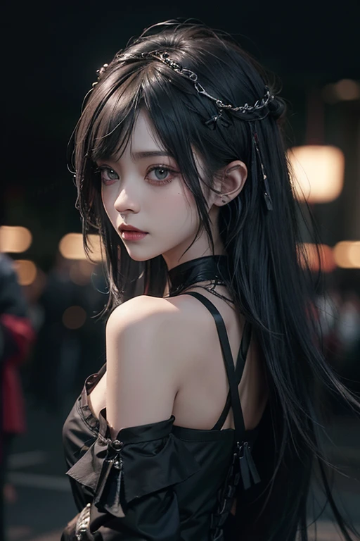 top-quality、8K、masterpiece:1.3、Gothic punk、Red inner color、A grey dark-haired、hair adornments、a beauty girl、creative、dark fantasy style、Neogos、Goth Fashion:1.2、hight resolution、masterpiece、top-quality、headw:1.3、((Hasselblad photo))、Fine-grained skin、Sharp Focus、(lighting like a movie)、Realistic texture m hair, black crow in the shoulder