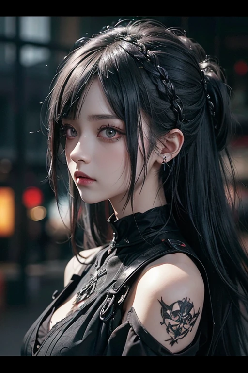 top-quality、8K、​masterpiece：1.3、Gothic punk、Red inner color、A grey dark-haired、hair adornments、a beauty girl、creative、dark fantasy style、Neogos、Goth Fashion：1.2、hight resolution、​masterpiece、top-quality、headw:1.3、((Hasselblad photo))、Fine-grained skin、Sharp Focus、(lighting like a movie)、Realistic texture m hair, black crow in the shoulder 