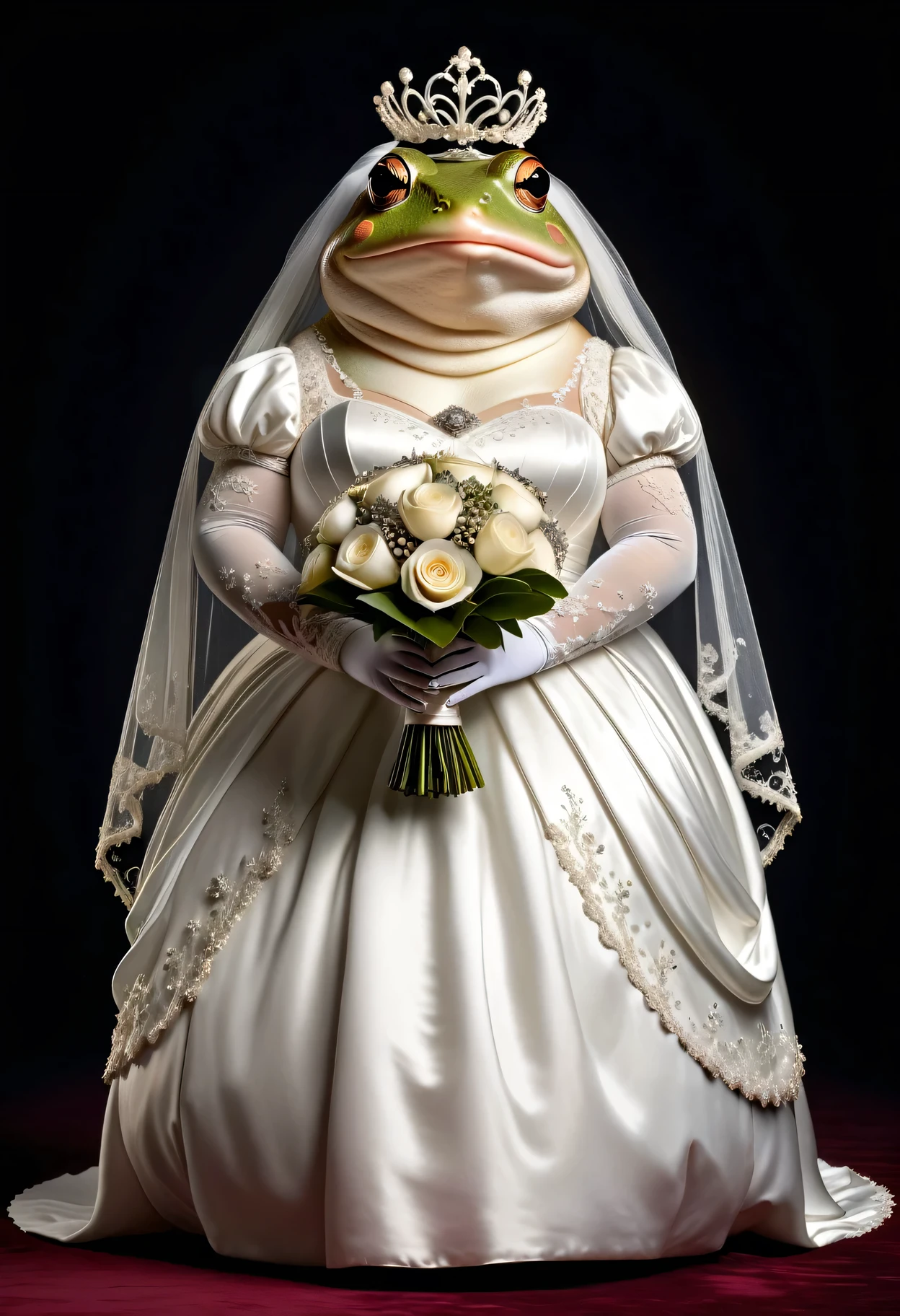 photorealistic portrait of Dressed animals - a ((fat)) toad bride,(elegant pose),(smile),(furry), high quality,(lovely) ,intricate details, highly detailed (gothic white wedding dress)),wearing opera globes ,wearing highly detailed veil, highly detailed decorations of dress ,holding flower bouquet, (happy), studio lighting,(full body image:2.0)