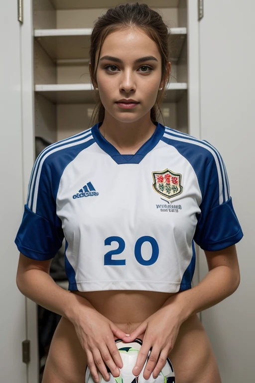 a woman, 25 year old, delicate, sexy, cheveux de longueur moyenne, cheveux bruns, skin details, pores de la peau, éclairé par les flashs des photographes, posing, photoshoot, strong light, soccer wear, soccer jersey number 10, in a locker room