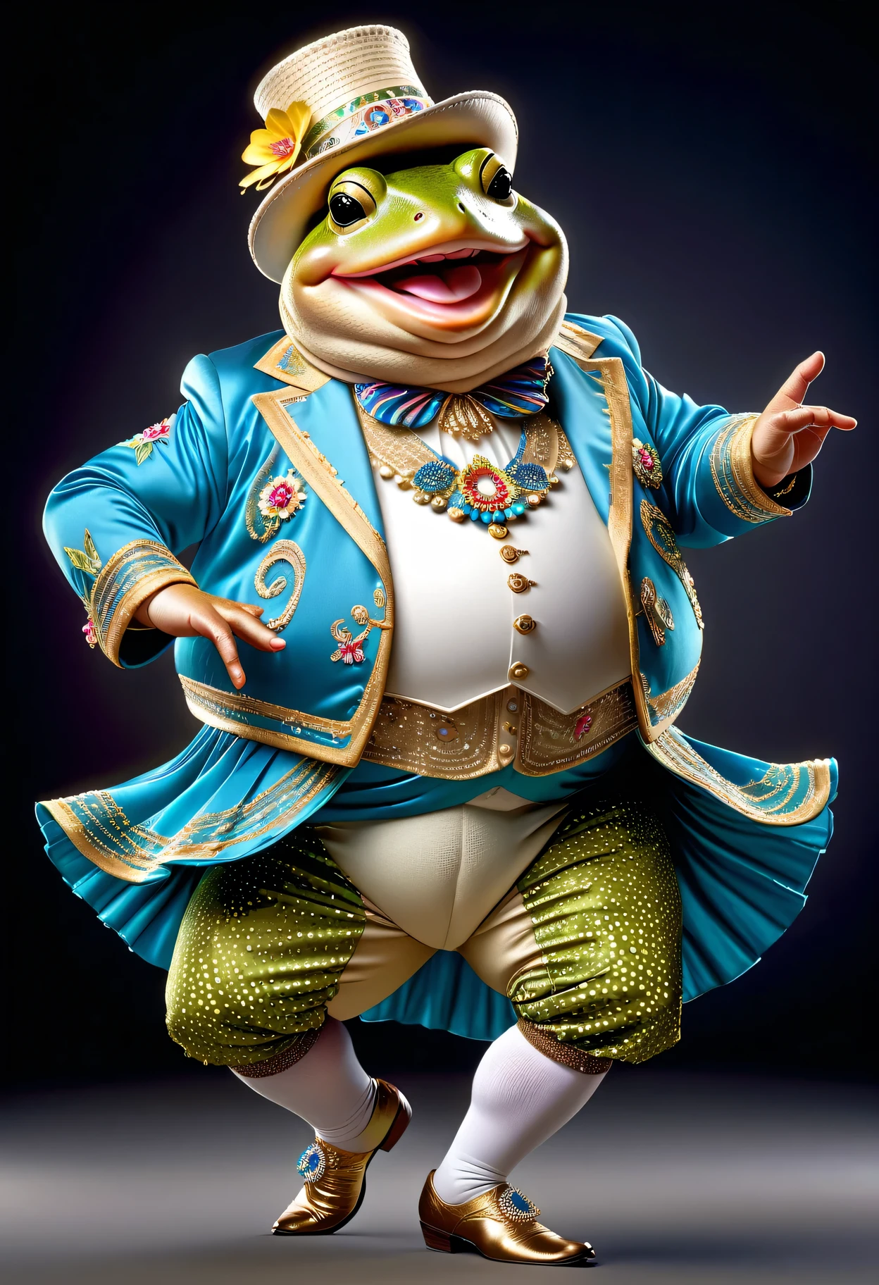 photorealistic portrait of Dressed animals - a ((fat)) toad line dancer,(dancing),(smile),(raising leg up:1.5), high quality,(lovely) ,intricate details, highly detailed (line dance costume )),, highly detailed decorations of dress ,, (happy), studio lighting,(full body image:2.0)