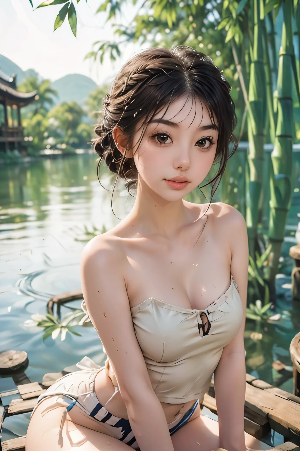 negative space, shuimobysim, girl, woman,bare shoulders, (ecchi0.5), lips, water splash, (trees:0.5), (flowers:0.6) ,(birds:0.2), (bamboo0.1), lakes, Hangzhou, bonian, bonian in background   