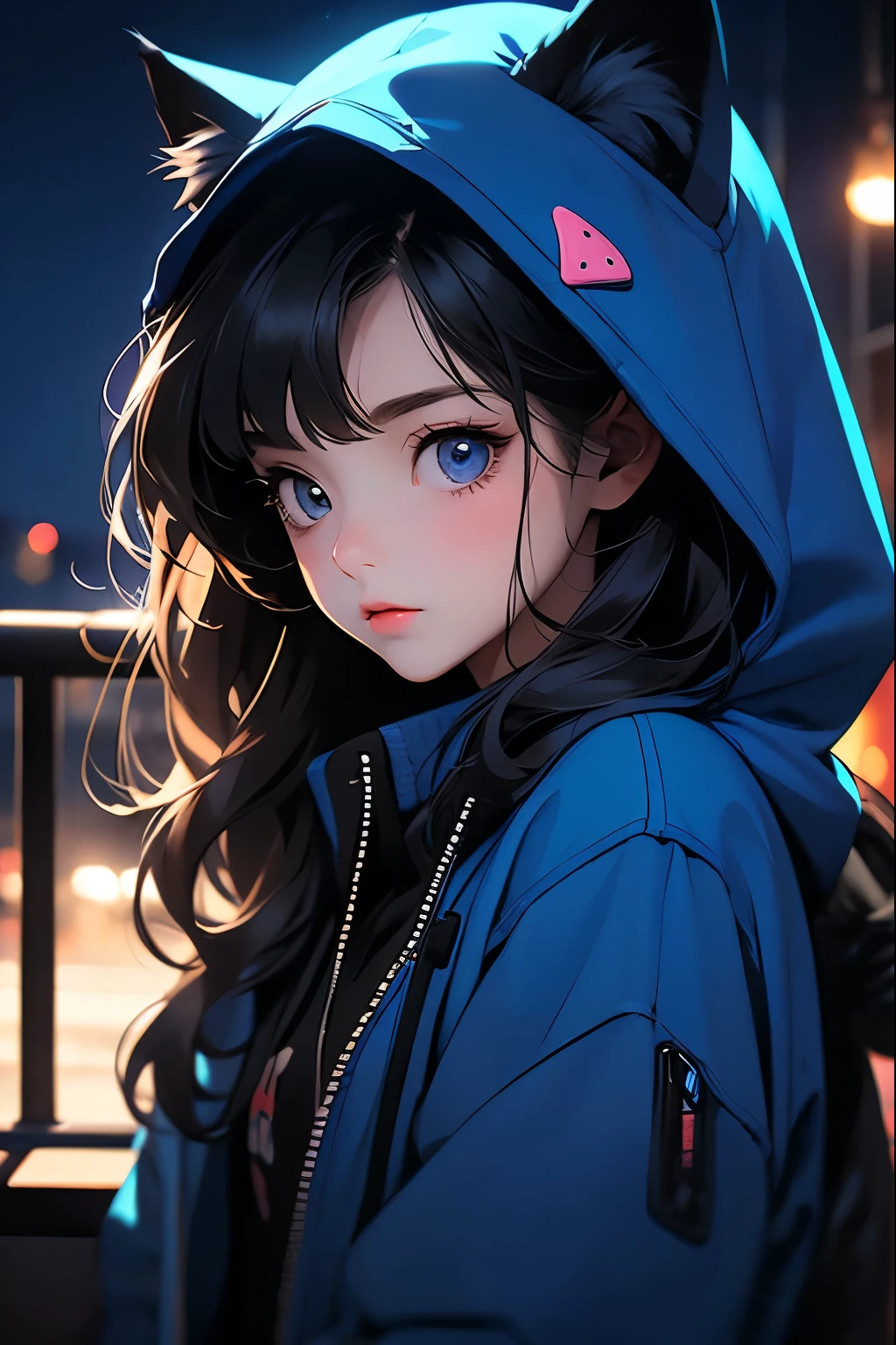 Dark style, nice perfect face with soft skin, really young beautiful girl , cool style, long dark hair, blue cat hood, cat pet, cats, night