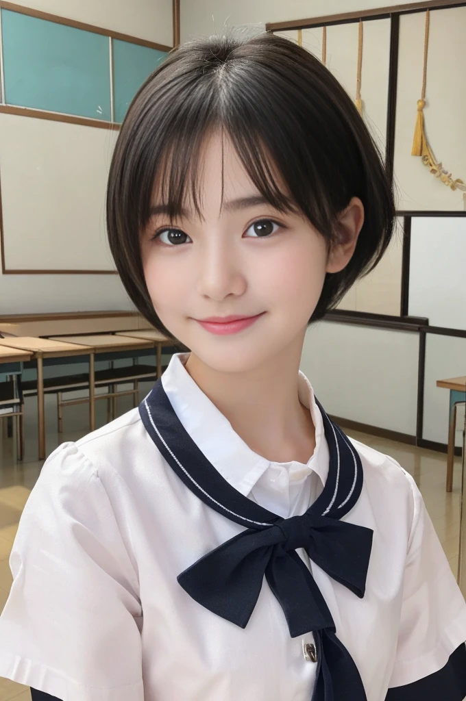masutepiece, Best Quality, (15-year-old girl:1.5)、(shyly smile:1.1) 、(Women's uniform for middle school students:1.5)、(Smaller chest)、(Cute hairstyle:1.7)、Very white skin、Letting down your bangs、Detailed body、Detailed hand、No makeup、Random and natural poses