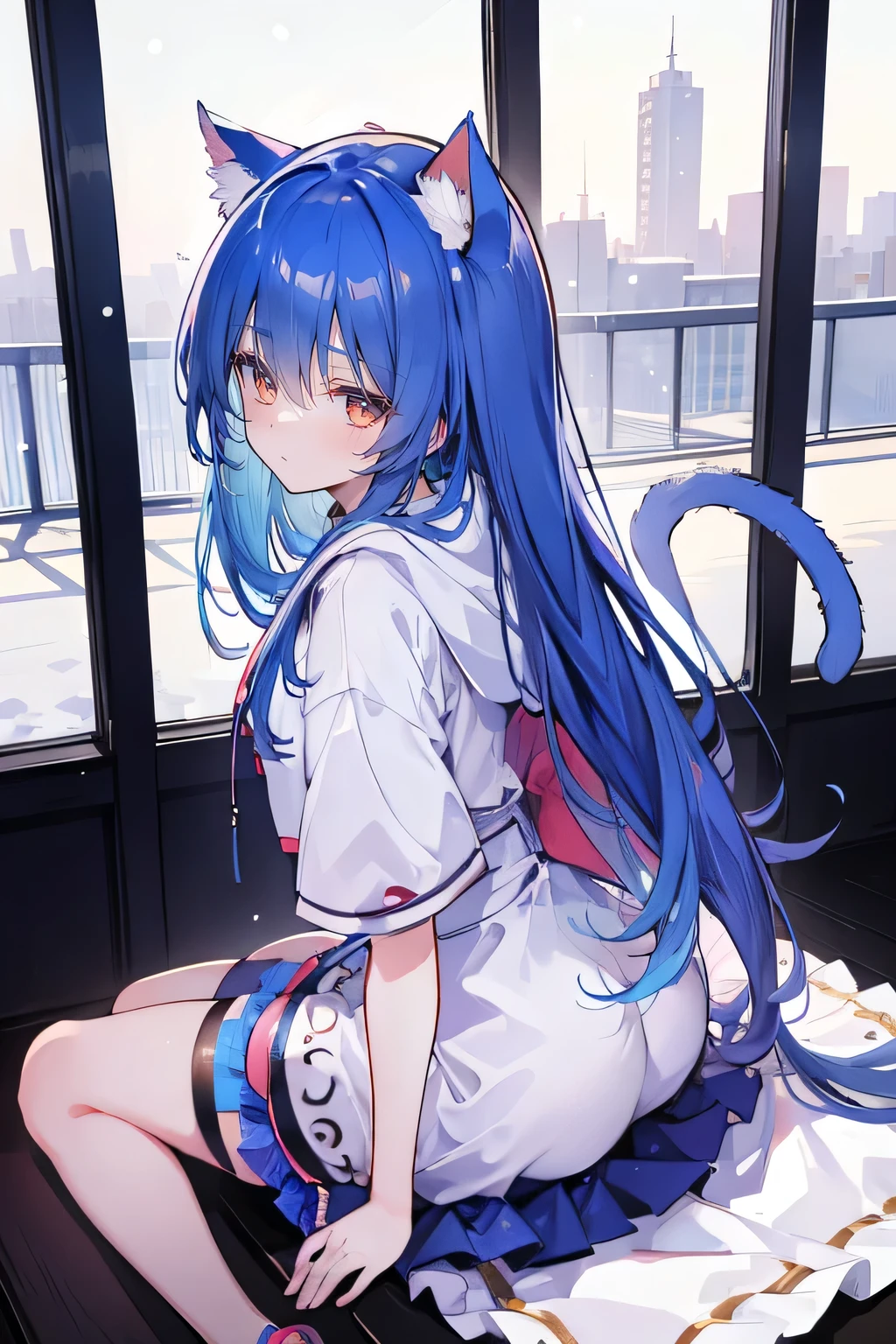 （masterpiece：1.2），Super detailed，lifelike，Expressive eyes，fair skin，perfect face shape，1 girl，
Japanese comics,Gorgeous blue hair,flowing blue hair,flowing clothes,Cat ears,Petals fall,beautiful lola,Baby Angel,
Shaking head with one hand，Cross your legs，Gentle and peaceful background，The pavilion is cool and comfortable,smile, wearing hoodie, background of tokyo,back views,snowing, winter.