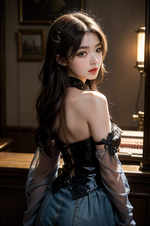 masterpiece、8k、32k、highest quality、(Fine grain)、(Cute Japanese Woman、prohibit)、18-year-old、One Girl、elegant、(Detailed background depiction)、look back、Hilarious, steampunk、clear、Have blue roses