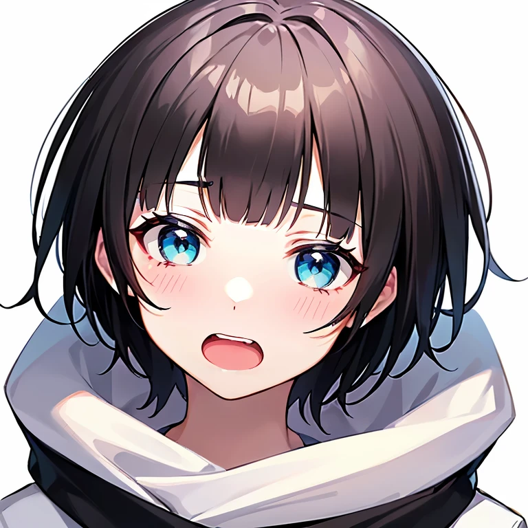 ((1 beautiful girl)), ((solo:1.3)),((blunt bangs)),((black hair)),((Blue eyes)), ((shoulder length hair:1.2,short hair)),, ((white background:1.3)),((See here)),((head shot)), BREAK (surprised:1.3), 