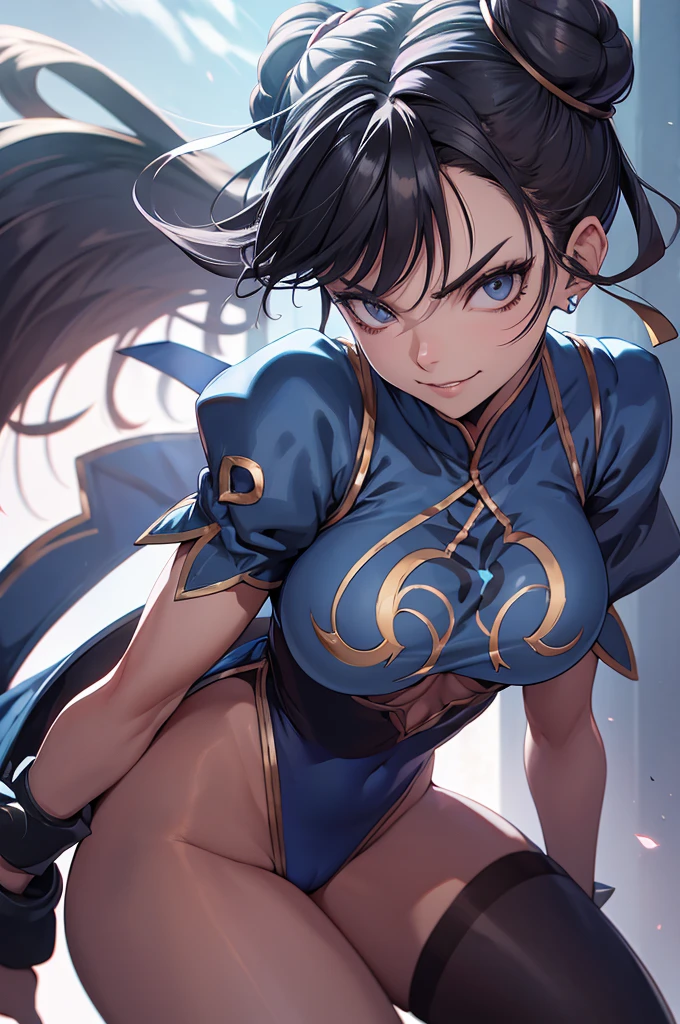 melhor qualidade,roupa azul,juri han,solo, masterpiece, best quality, agrias, grey sweater, black leotard, standing, looking at viewer, short hair,oculos,evil smile, evil look,luvas preta,roupa azul,yandere rosto,low lighting,coxa sarada copo detalhado,olhando para frente juri han,bela