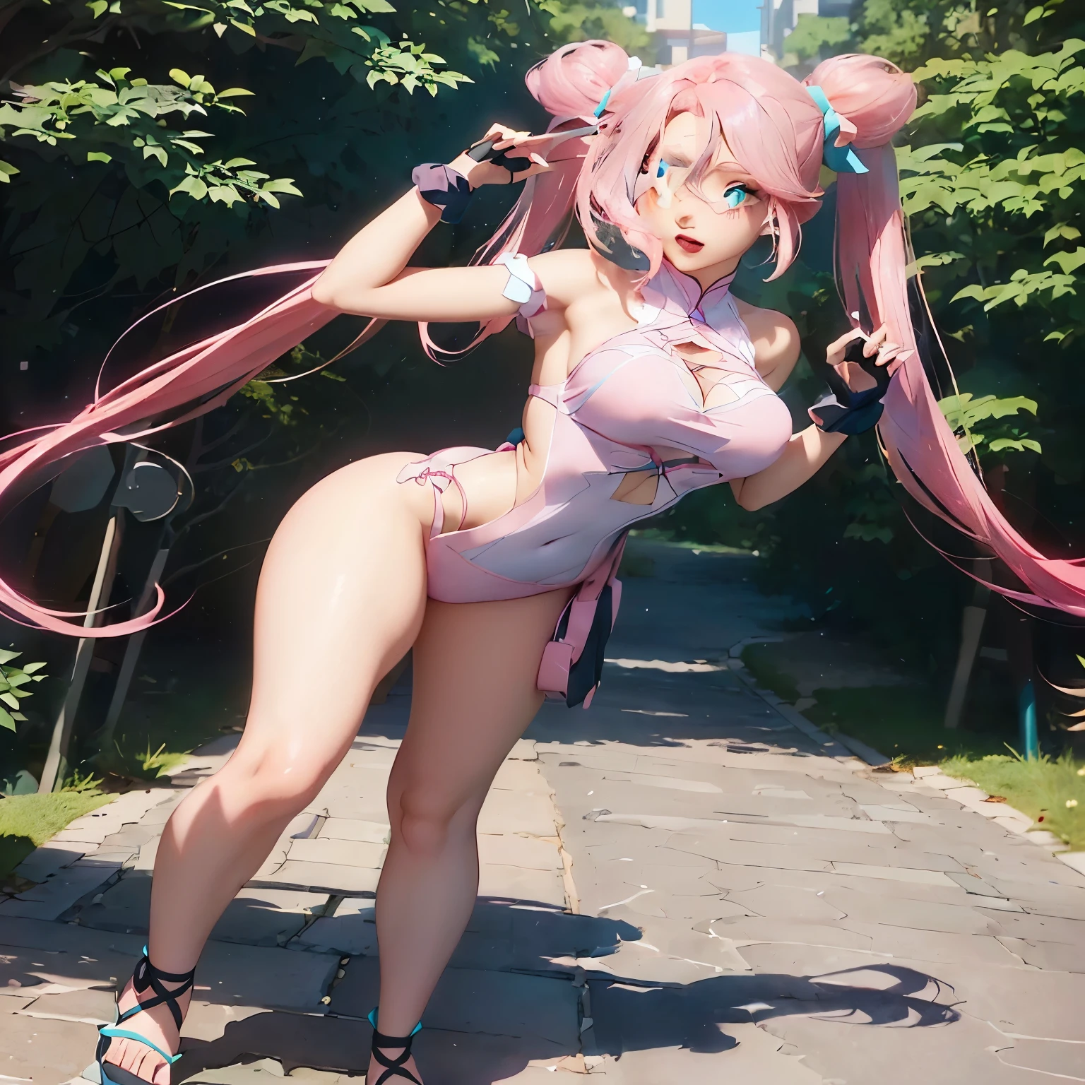 Animation - stylized image of a woman with long pink hair posing on the sidewalk, , Smooth animated CG art, Pink twintail hair and turquoise eyes, Realistic anime girl rendering, Guweizu, fascinating anime girl, Guweizu on pixiv artstation, Guweizu on artstation pixiv
