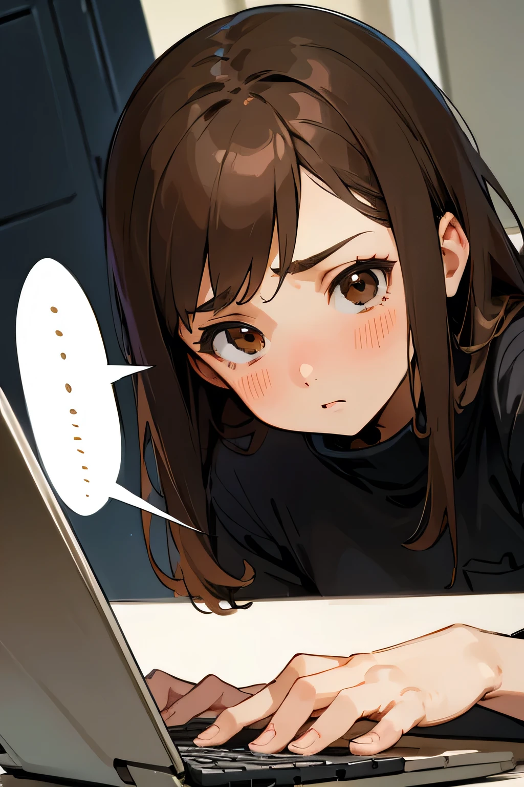 girl, brown hair, smooth hair, brown eyes, typing on computer, confused, thought bubble, war outside