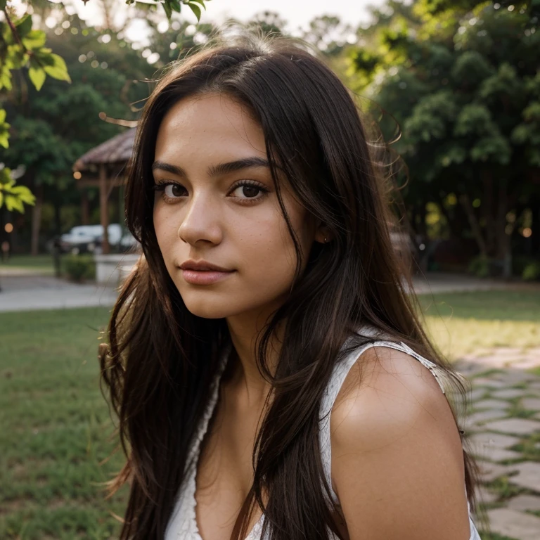 A photorealistic portrait of a 21-year-old colombian girl with long, flowing dark hair and striking dark eyes. She should have a natural, approachable expression and be illuminated by soft, golden-hour sunlight. The background should be a scenic outdoor setting, perhaps a sunlit park or beach. Capture this image with a high-resolution photograph using an 85mm lens for a flattering perspective. Porn