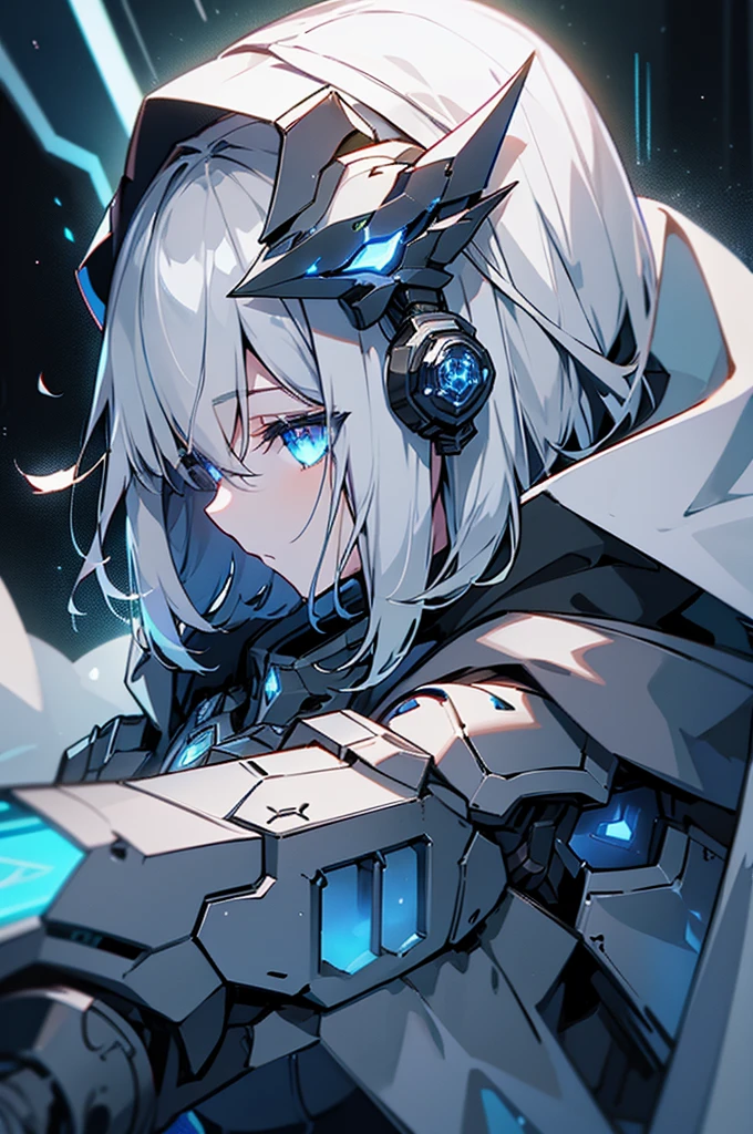 armored girl, grey hood and cape, background dark space battlefield, heavy rain, light silver short hair, blue glowing beautiful eyes, cowboy_shot, blue glowing lined simple armor plate, dark environment, high detailed face, Advance mask, intense war