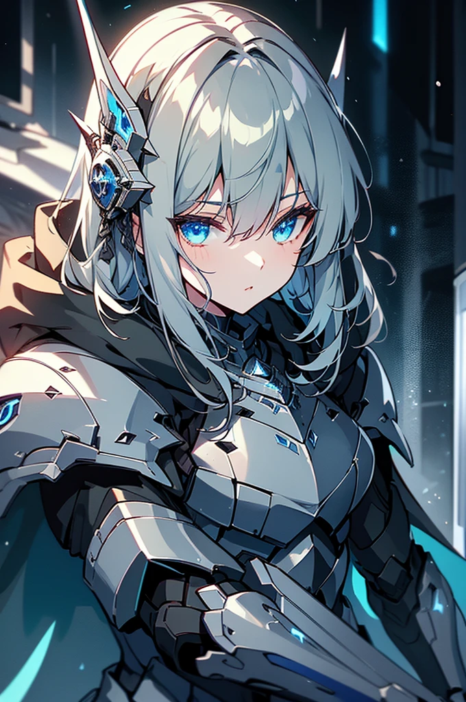 armored girl, grey hood and cape, background dark space battlefield, heavy rain, light silver short hair, blue glowing beautiful eyes, cowboy_shot, blue glowing lined simple armor plate, dark environment, high detailed face, Advance mask, intense war