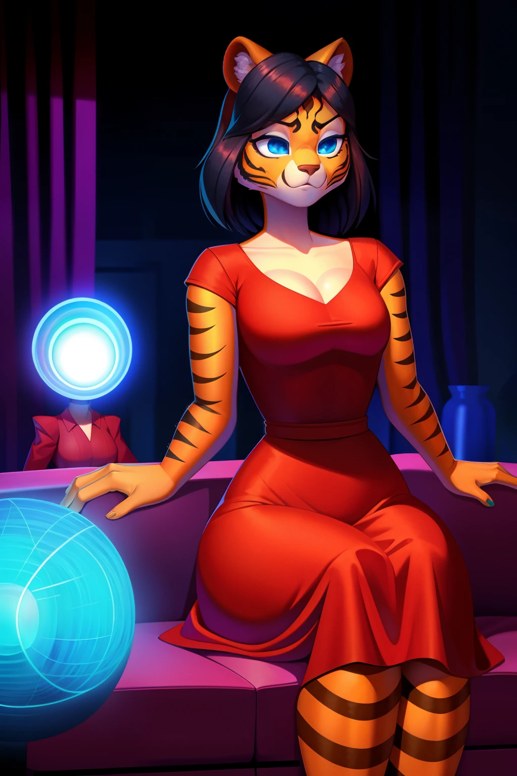1 girl, hypnotized housewife, tigress anthro, black hair, blue eyes, empty eyes, red dress, sitting on couch, at home, mind-controlled, hypnotized, dazed, 3D Disney style