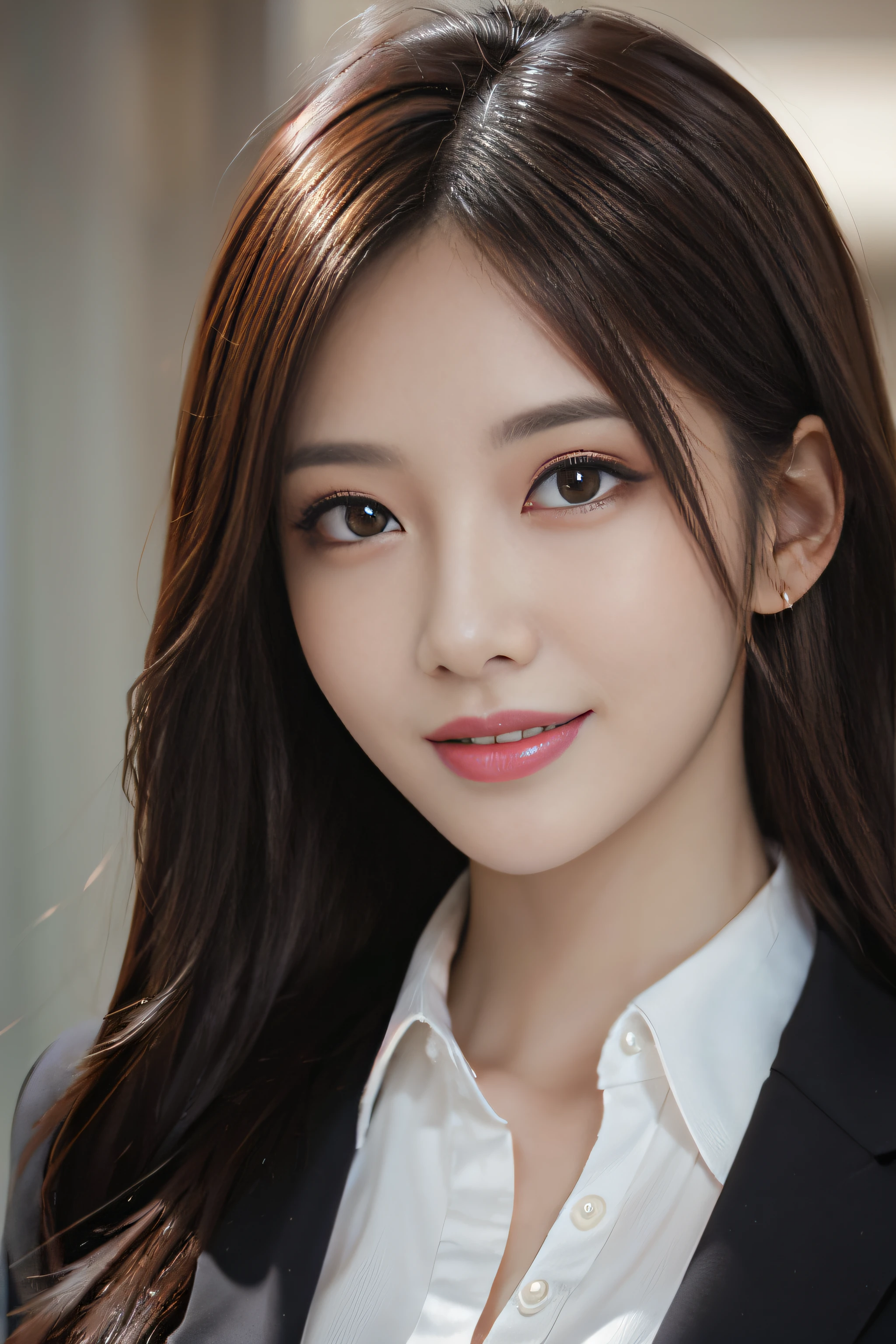 mesa, melhor qualidade, fotorrealista, ultra-detalhado, detalhes finos, high resolution, Papel de parede 8K, 1 linda mulher,, messy light brown hair, in a business suit, sharp focus, Perfect dynamic composition, lindos olhos detalhados, cabelos detalhados, Textura de pele realista detalhada, sorridente, retrato em close, Tipo de corpo do modelo
